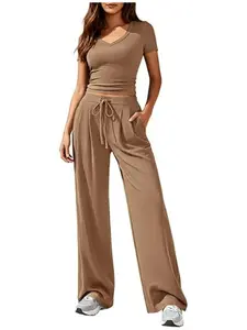 2026 Summer New Women's Solid Color V Neck Top Wide Leg Long Pants Set Casual Everyday Fashion 2 Piece Outfit, Womenswear