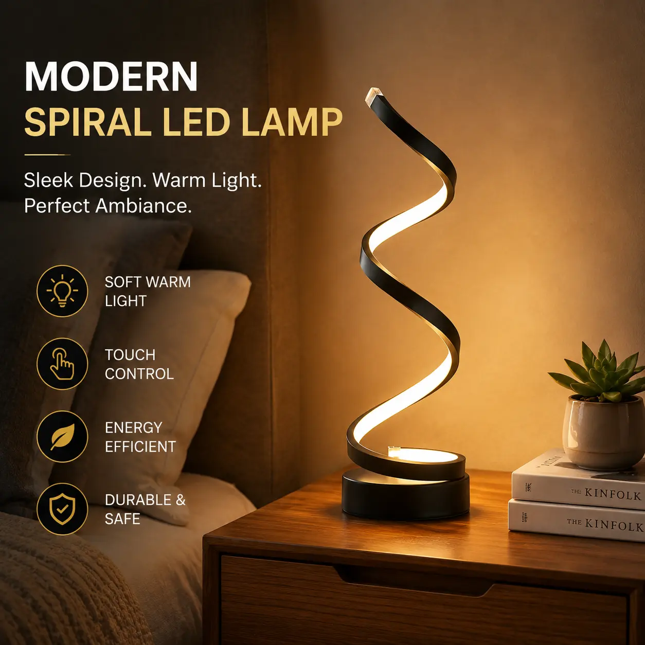 Modern Spiral LED Table Lamp, Dimmable USB Nightstand Lamp with 3 Color Modes, Decorative Bedroom Mood Lighting