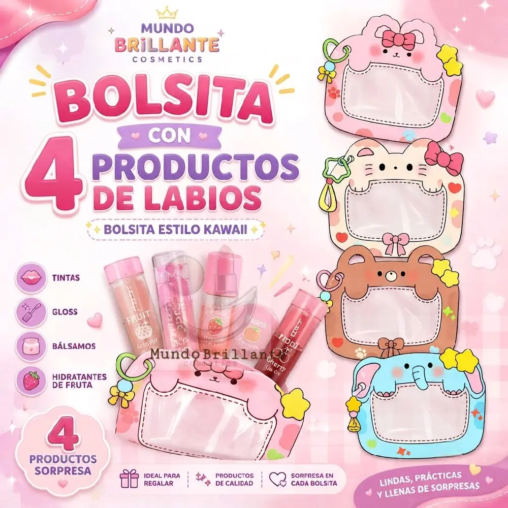 Mini Lippie Bag coleccionables. 4 Productos de labios random;Lipgloss,Lip tint,Lip Balm,Lip PH