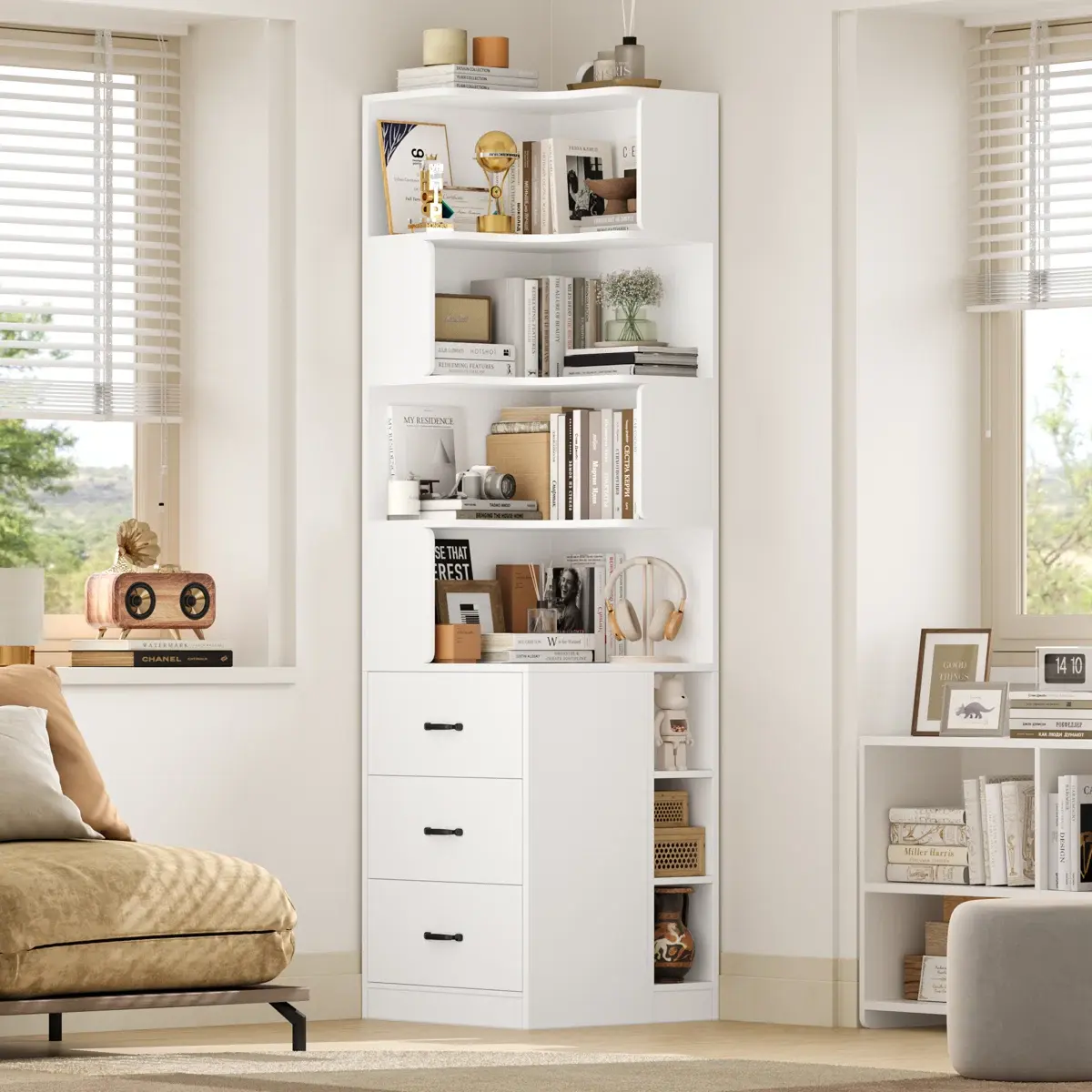 76.8" Corner Bookcase with 3 Drawers – 7-Tier L-Shaped Shelf, Space-Saving Storage for Small Spaces, Apartments & Offices