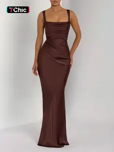 Pure Color Satin Adjustable Square Neck Sleeveless Dress, Elegant Evening Gown with Waist Cinching and Back Tie, Slim-Fitting Long Dress