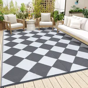Outdoor Rug 320GSM PP Tube Woven Patio Area Rug, Modern Large Diamond Grid Black & White Outdoor Carpet for Deck Balcony Porch