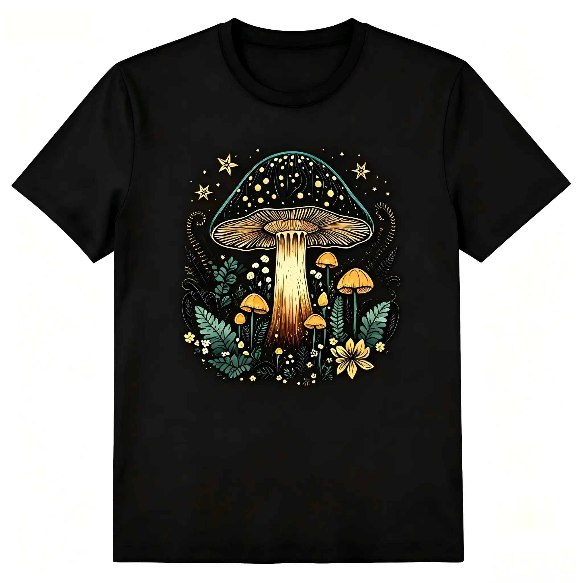 Celestial Star Magic Mushroom Fern Wildflower Unisex T-Shirt for Men & Women - Vintage Cottagecore Forest Nature Graphic, Soft Breathable Cotton Crew Neck, All-Season Tee, Great for Daily Wear, Machine Washable