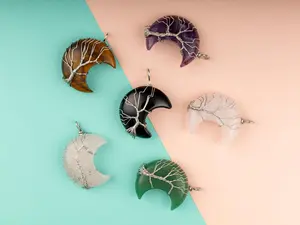 Tree of Life Moon Wire Wrapped Pendant Crystal Necklace with 18-20" Adjustable Chain, Natural Crystal Jewelry Gift, Amethyst, Rose Quartz