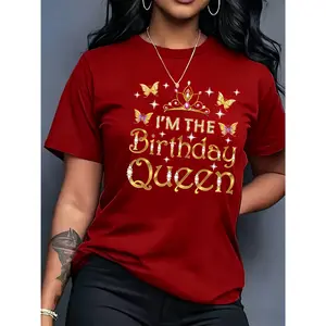 100% Cotton, Women's Casual, Comfortable and Versatile, Multi-Color Optional, Birthday Queen Pattern Printed T-shirt, Short Sleeve Casual Crew Neck Top, Spring and Summer Women's Clothing