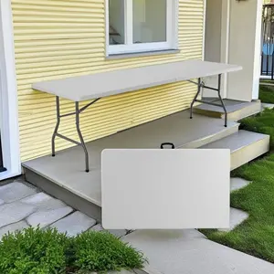 8ft Heavy Duty Portable Folding Table with Handle & Lock for Picnic Party Camping Indoor Outdoor Plastic Dining Table Sturdy Steel Legs Non-Slip Feet Easy Cleaning HDPE Material