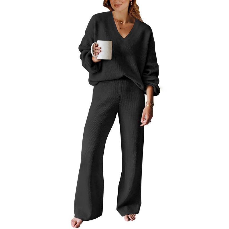 ANRABESS Women 2 Piece Outfits Sweater Lounge Sets Long Sleeve Cable Knit Pullover and Wide Leg Pants Tracksuit Matching Set