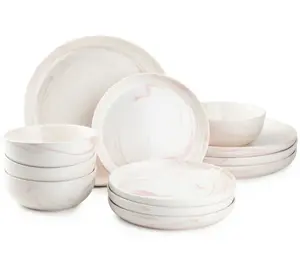 Dinnerware Pink Marble Stoneware, 12 Piece Set Cutlery Stylish