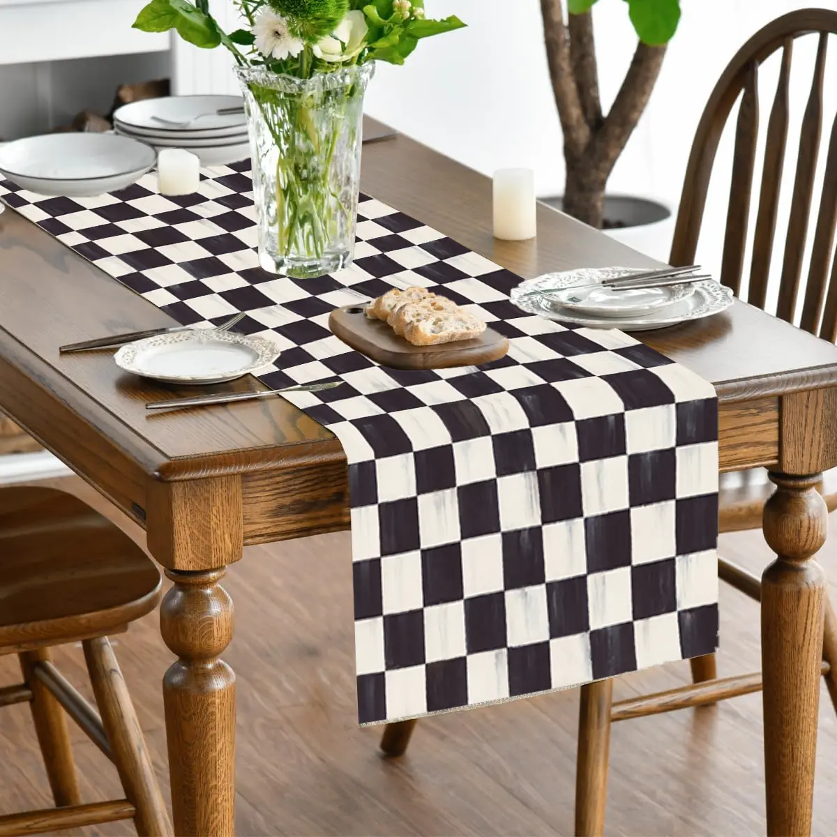Mackenzie Childs Courtly Check Table Runner, Seasonal Fall Washable Kitchen Dining Table Decoration for Home Party Decor