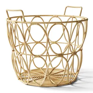 Large Natural Poly Rattan Open Weave Round Basket，Storage Natural Wicker Hyacinth Storage Basket with Firm Built-in Handles, Handwoven Basket for Organizing Kitchen/Bathroom/Laundry Room/Living Room Organiser Minimalist