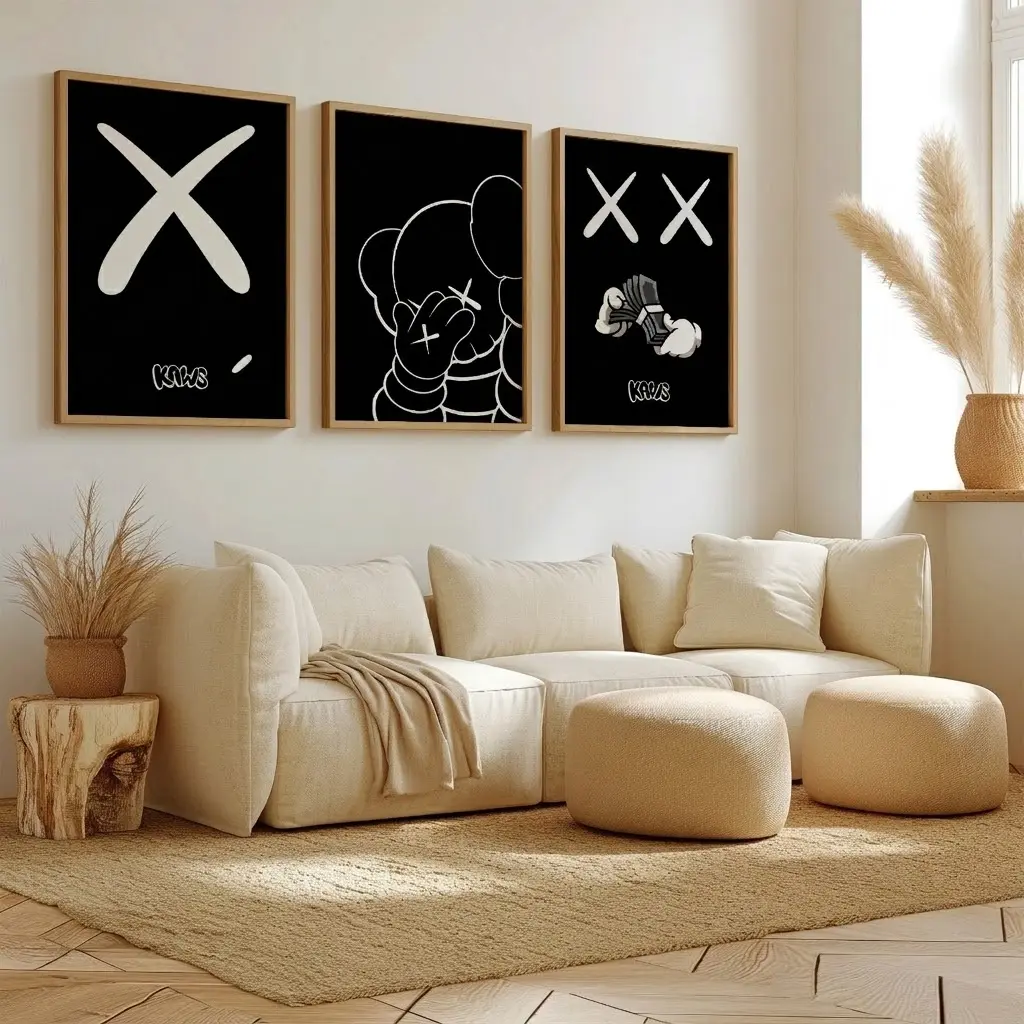 Hypebeast Kaws Posters Set of 3 White On Black Wall Art Poster Prints, No Frame