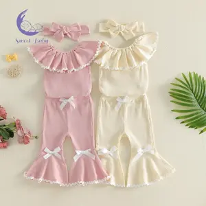 Baby Girl Summer Outfits Ric-Rac Ruffles Collar Sleeveless Ribbed Knit Romper Flare Pants Headband 3Pcs Clothes Set