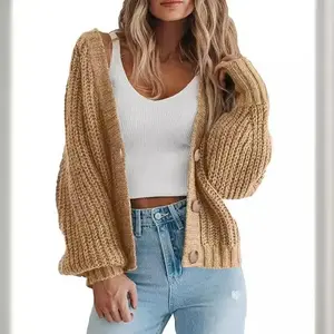 Women's Chunky Knit Open Front Sweater Long Sleeve Button Loose Short Cardigan Outerwear Coats(Sheets)