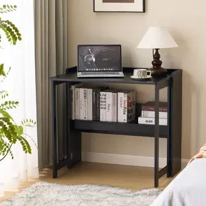 Space Saving Foldable Computer Desk with Storage Shelf Particleboard Metal Frame 9.4 Inch Thin Folded Multi Functional Writing Study Workbench Easy Clean for Small Space Bedroom Dorm Home Office
