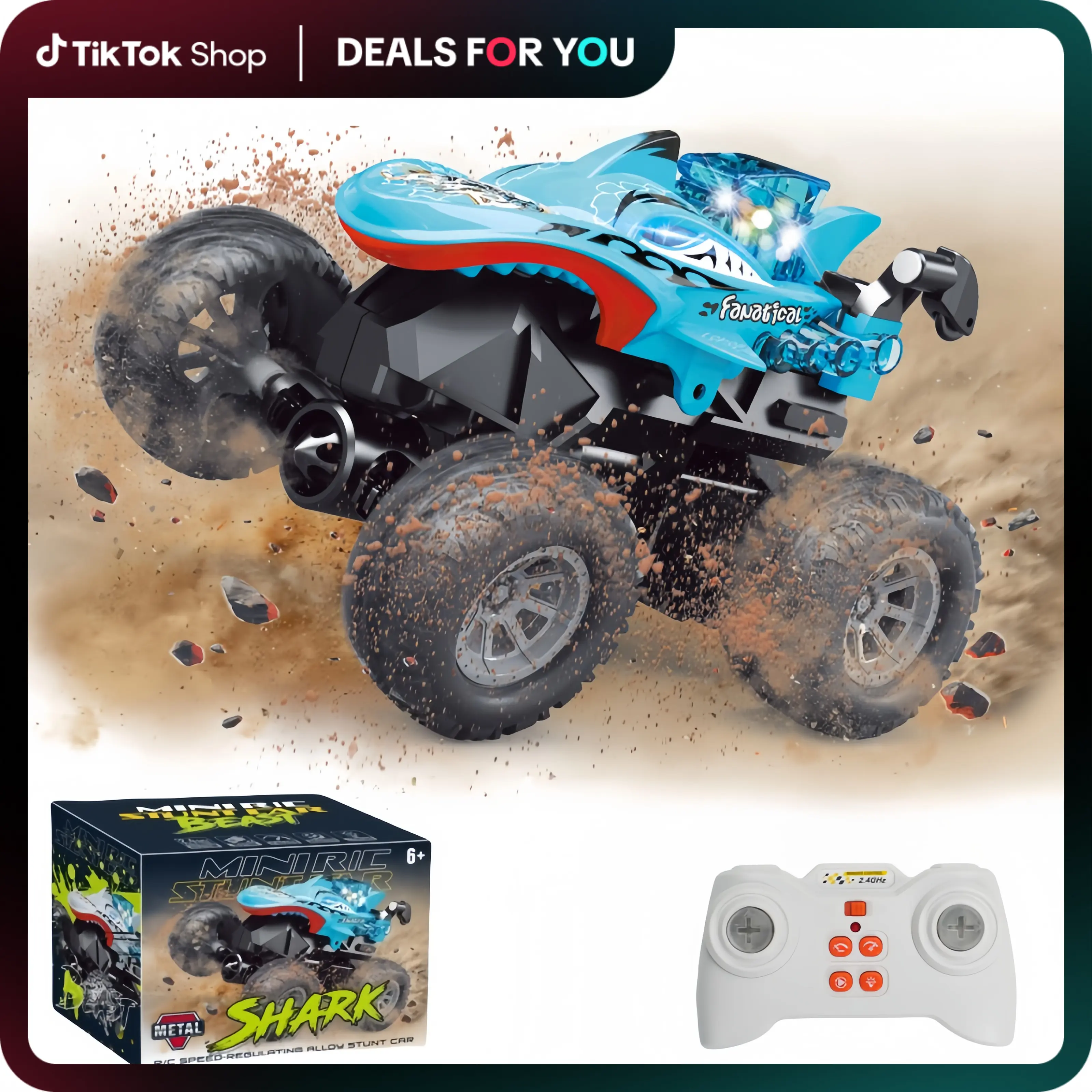 Hotfree Mini RC Monster Truck - Pocket-Size All-Terrain Stunt Car with Big Wheels, Black Dinosaur/Orange Dinosaur/Shark Designs, Alloy Shell, 2.4GHz Remote Control, Dual Speed, LED Lights - Kids Toys for Boys Ages 6-8, Birthday Christmas Gift