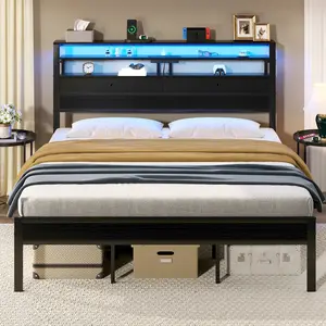 Bed Frames with Charging Station and LED Lights, Wood Headboard with 2 Fabric Drawers and Storage Shelves, Twin Size Platform Bed with Metal Slats, No Box Spring Needed Bed Frames with Charging Station and LED Lights, Wood Headboard with 2 Fabric Drawers and Storage Shelves, Twin Size Platform Bed with Metal Slats, No Box Spring Needed
