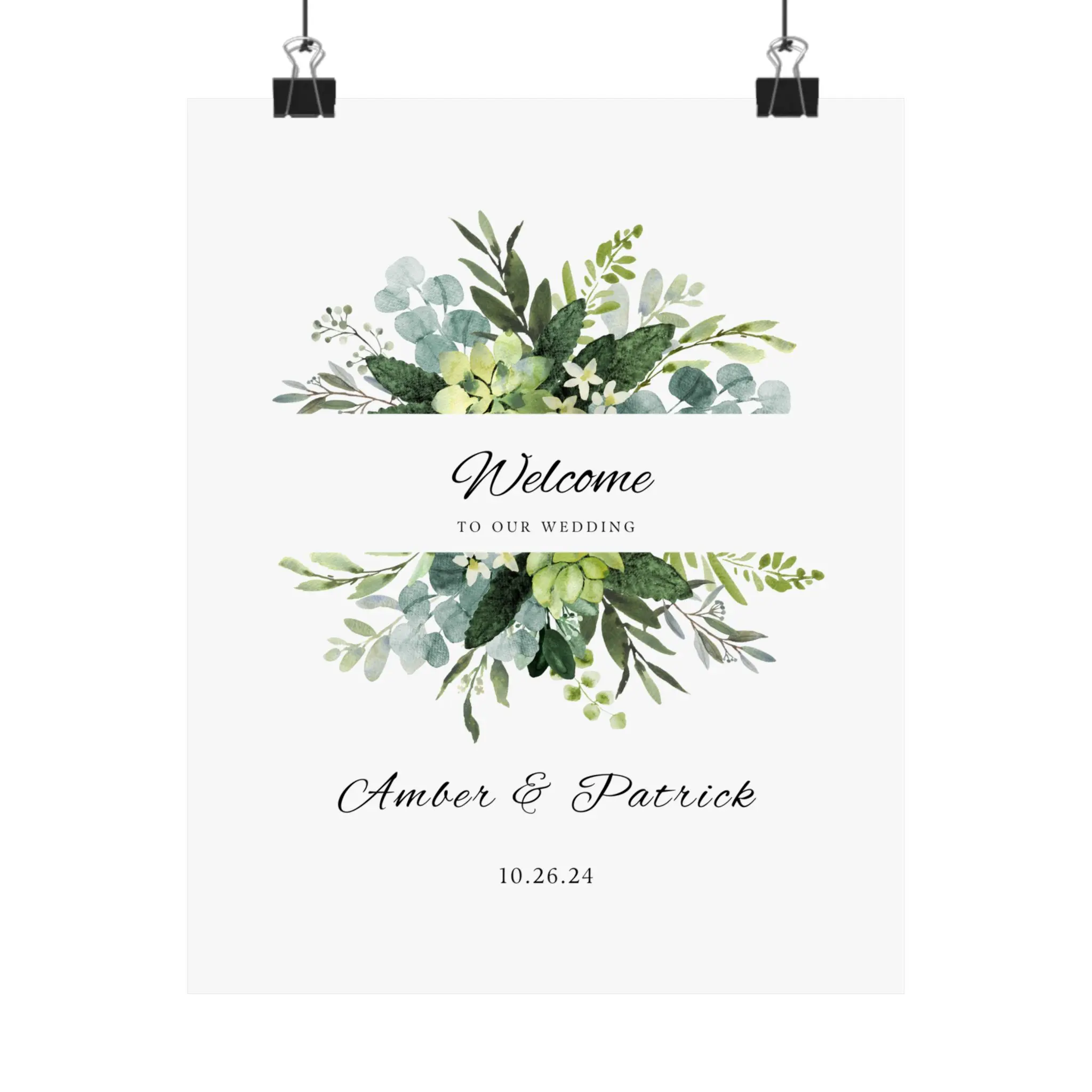 Wedding Welcome Matte Poster, Personalized Eucalyptus Watercolor Couple Date Sign, Green Rustic Vertical Print, Custom Marriage Decor Wall