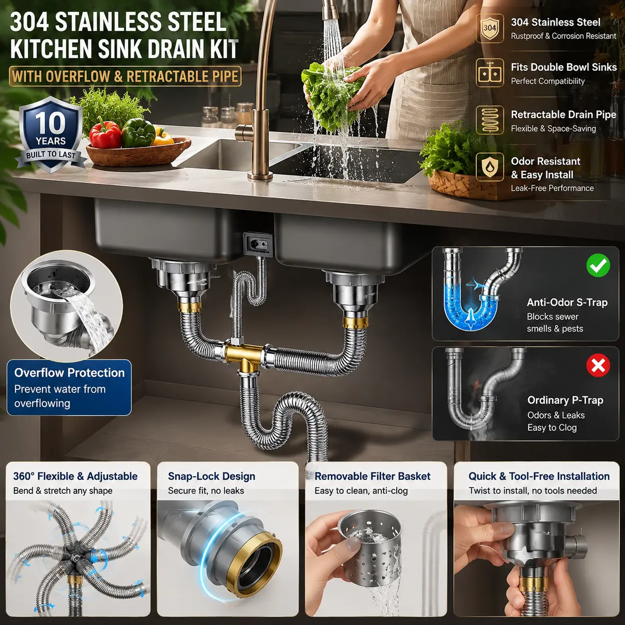 Flexible Stainless Steel Sink Drain Pipe with Anti-Odor P-Trap, Leakproof Retractable Drain Hose for Kitchen, Bathroom, Toilet & Washbasin, Easy Install Space-Saving Sink Plumbing Drain Replacement
