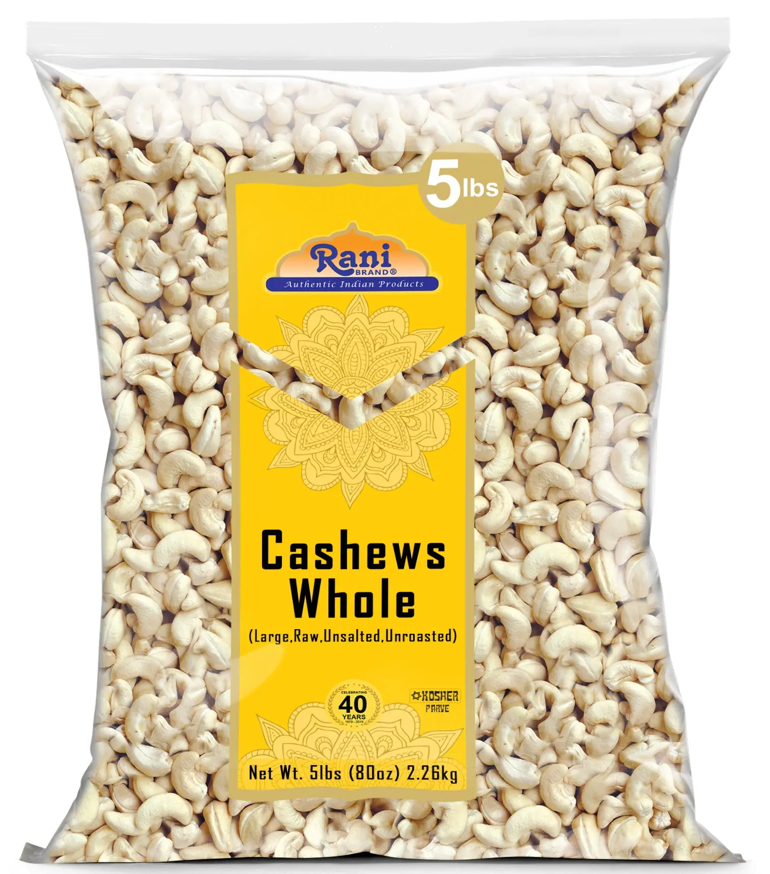 Rani Raw Cashews Whole (uncooked, unsalted) 80oz (5lbs) 2.27kg Bulk ~ All Natural, No Preservatives | Vegan | NON-GMO | Gluten Friendly