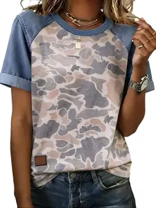 Women's Camouflage Short Sleeve T-Shirt with Contrast Blue Sleeves Casual Loose Fit Round Neck Patchwork Print Tee Top