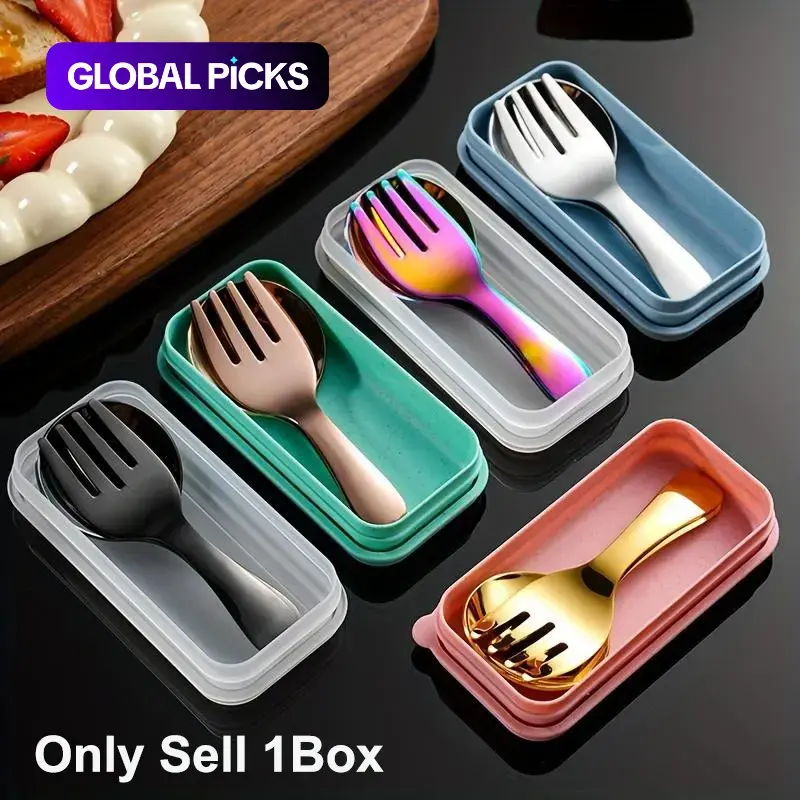 Stainless Steel Durable Cutlery Set, 1 Set Including Fork & Spoon & Storage Box, Portable Tableware Set for Outdoor Camping Travel