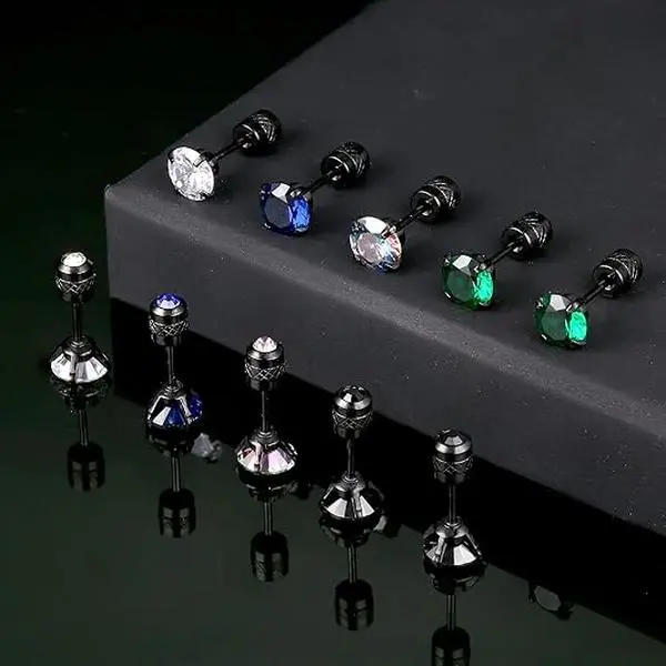 Unisex 5 Pairs 6mm Titanium Screw Back Surgical Stainless Steel Stud Earrings - 5A Rainbow Cubic Zirconia, Hypoallergenic for Sensitive Ears, Sleep-Friendly (Home Improvement, Ideal for Birthday, Party, Engagement, Anniversary)