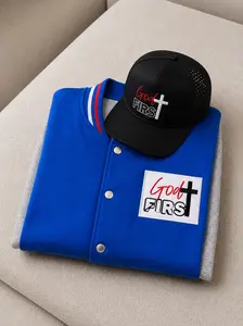 God First Blue Jersey Men Jacket  & God FIRS Hat Combo 50/50 One size