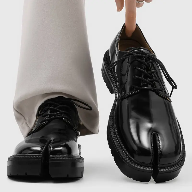 Unisex Avant-Garde Split-Toe Tabi Footwear, Glossy Plain PU Leather Lace-Up Casuals, Mid-Calf, Cuban Platform Anti-Slip Rubber Sole, Breathable, All Seasons, Daily Walking Formal Shoes