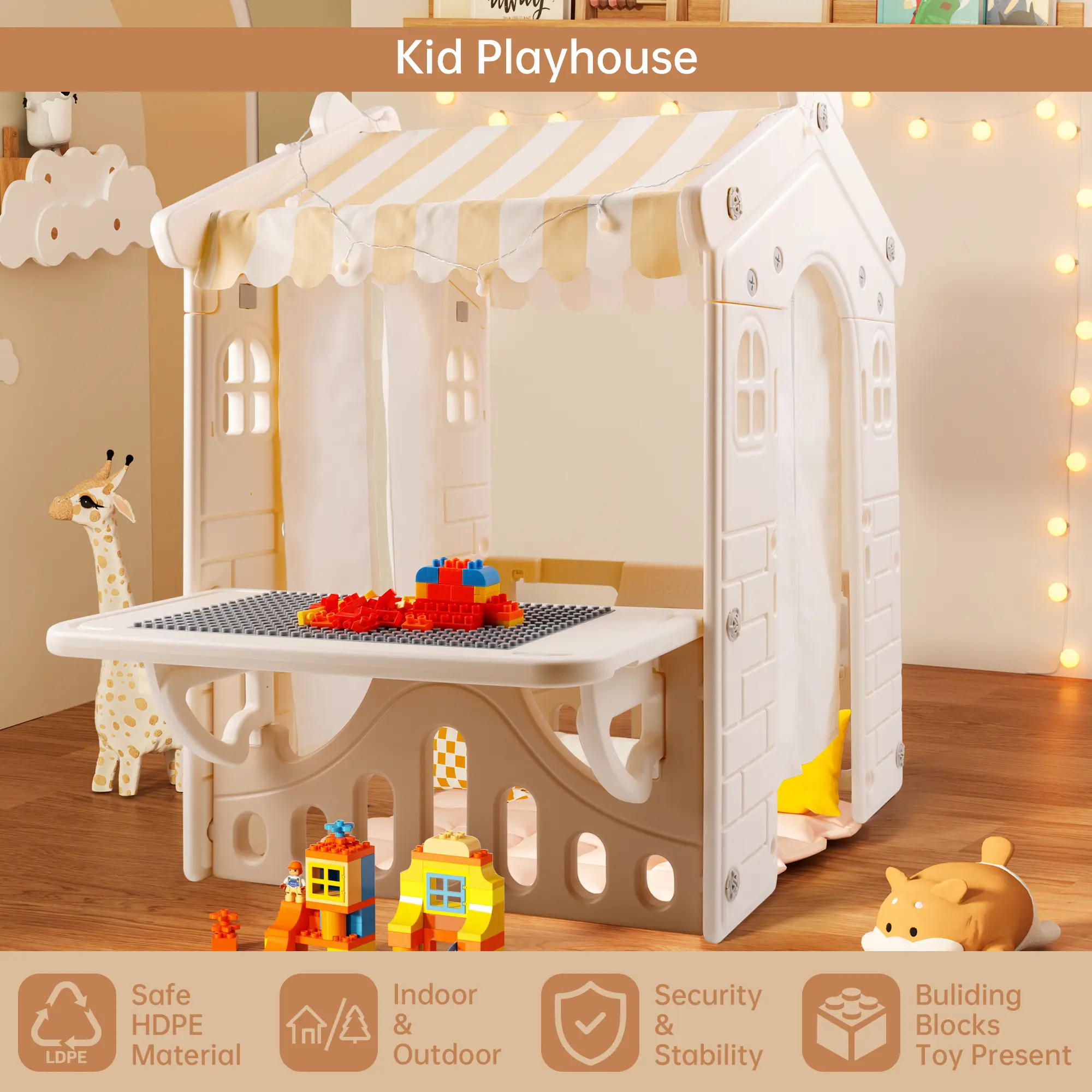 Kid Plastic Outdoor Playhouse - Outdoor Playset with Light Strip, Building Blocks, Portable Play Area for Toddlers