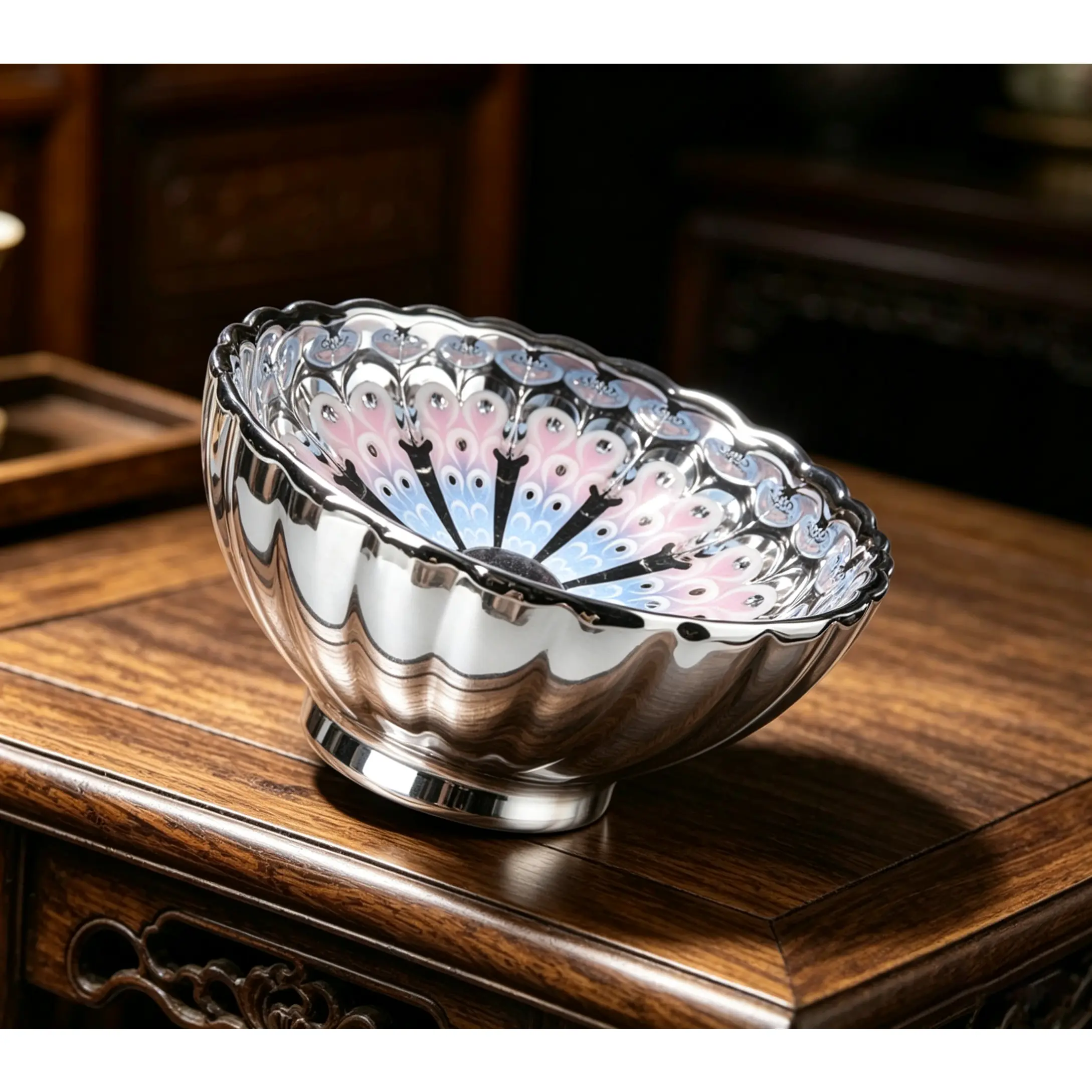 Silver Luminous Sunflower Jianzhan Bowl - Colorful Glow-in-the-Dark, Iridescent Rainbow-Hued Collectible Cultural Item, Art & Tradition Prosperity Symbol, 9.6cm Diameter, 6cm Height, Bowls