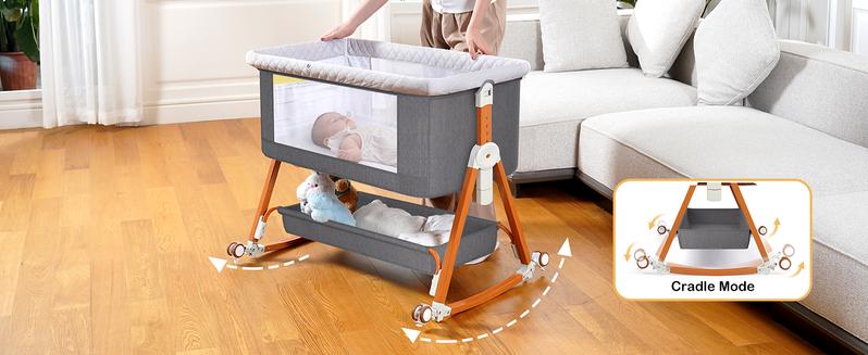 Baby Bassinet Sleeper, 6 Height Adjustable Cribs, Easy to Fold Portable Crib Side Bassinet, Swing Cradle Bed Side Sleeper with Ventilated Net&Wheels Baby Bassinet Sleeper, 6 Height Adjustable Cribs, Easy to Fold Portable Crib Side Bassinet, Swing Cradle Bed Side Sleeper with Ventilated Net&Wheels