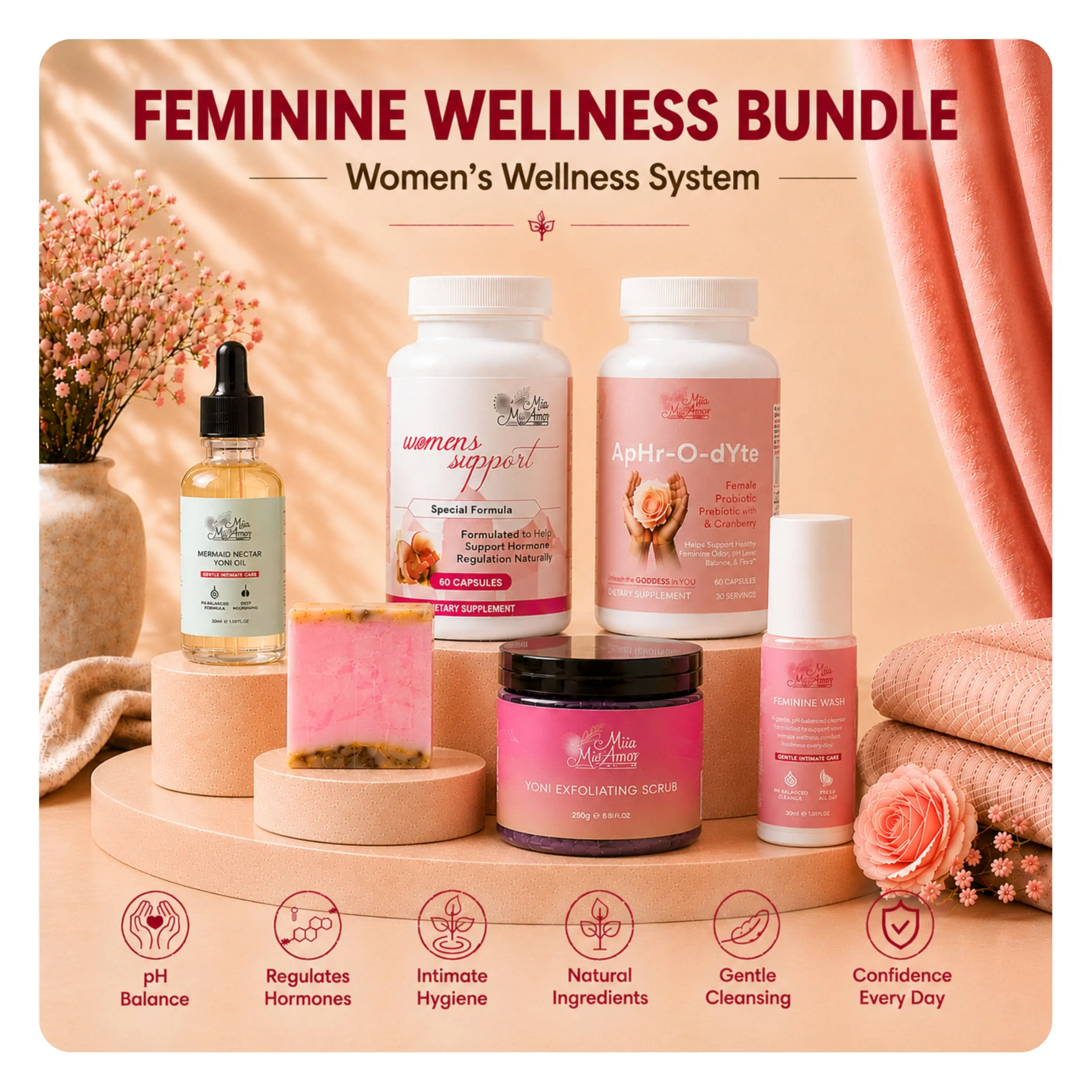 TT Exclusive Complete Feminine Wellness Bundle – Women's Hormone Support, Female Probiotic & Prebiotic with Cranberry, Complete Intimate Care Travel Kit & Yoni Exfoliating Scrub – Daily Women's Wellness System