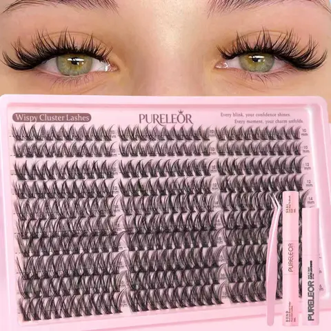 PURELEOR Lash Clusters Kit or Single Box Wispy Cluster Lashes Natural DIY Eyelash Extensions 10-16mm 300pcs C Curl Individual Eyelashes Extension,familyfun