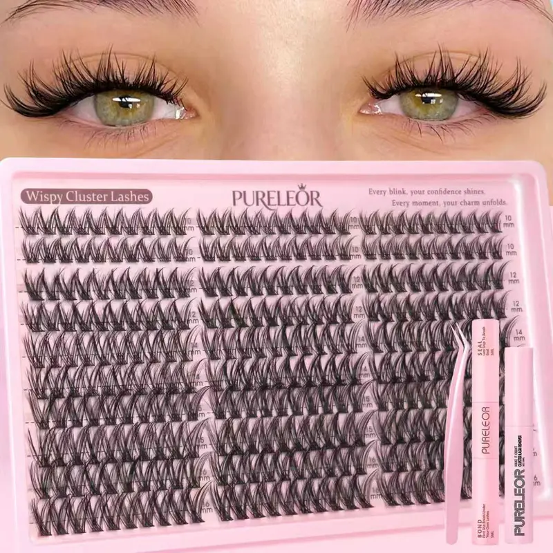 PURELEOR Lash Clusters Kit or Single Box Wispy Cluster Lashes Natural DIY Eyelash Extensions 10-16mm 300pcs C Curl Individual Eyelashes Extension,familyfun
