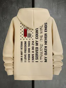 Navy Veteran Casual Cozy Sweatshirt, Graphic Print Hoodie with American Flag & Dog Tags Print, Casual Fitted Design for Spring & Fall, Perfect Gift for Military Veterans