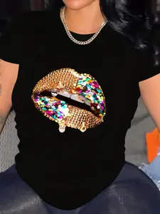 Women's Lip Print Round Neck Tee, Fashion Casual Streetwear Womenswear Crew Neck Short Sleeve Fitted T-shirt for Daily Holiday Vacation Outdoor Wear, Ladies Clothes for All Seasons