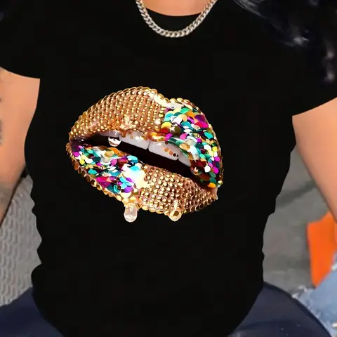 Women's Lip Print Round Neck Tee, Fashion Casual Streetwear Womenswear Crew Neck Short Sleeve Fitted T-shirt for Daily Holiday Vacation Outdoor Wear, Aesthetic Streetwear Ladies Clothes for All Seasons Summer, Top