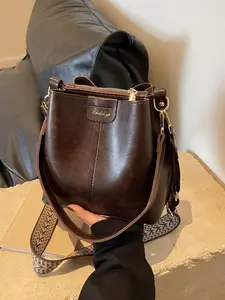 Vintage High-End Bucket Bag, Wide Shoulder Strap Crossbody Bag, Suitable for Women Daily Casual Travel, Versatile Handbag