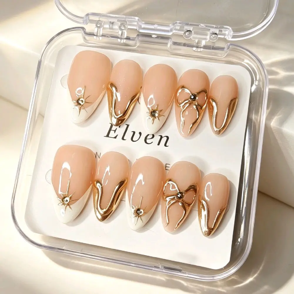 Handmade Nude Press On Nails - French Tip with Gold Metal Line, Star Rhinestone & Bow, Medium Long Almond Reusable Fake Nails, Salon Quality