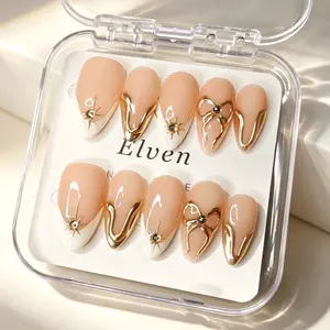 Handmade Nude Press On Nails - French Tip with Gold Metal Line, Star Rhinestone & Bow, Medium Long Almond Reusable Fake Nails, Salon Quality