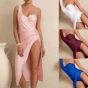Sexy halter-neck two-piece swimsuit set – plain one-shoulder swimsuit