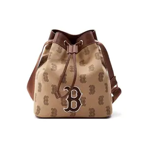 Women's MLB Classic Monogram Print Drawstring Canvas Bucket Bag - Brown, Adjustable Strap Satchel, Casual Crossbody Bags
