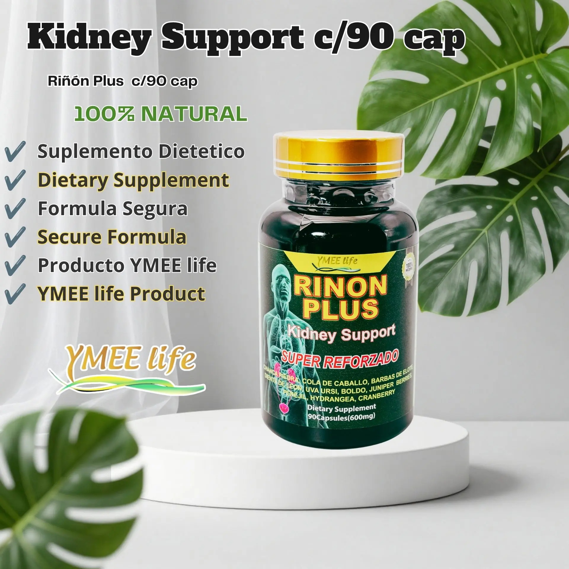 RiñonPlus Natural Herbal Kidney Support Dietary Supplement - 100% Super Reforzada Formula, 90 Capsules, Kidney Detox, Urinary System Function, Dandelion Vitamins Supplements
