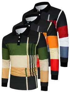Men's Casual Long Sleeve Polo Shirt Set, Comfortable Fitted Design for Spring & Fall Seasons, Stylish Colorblock Pattern