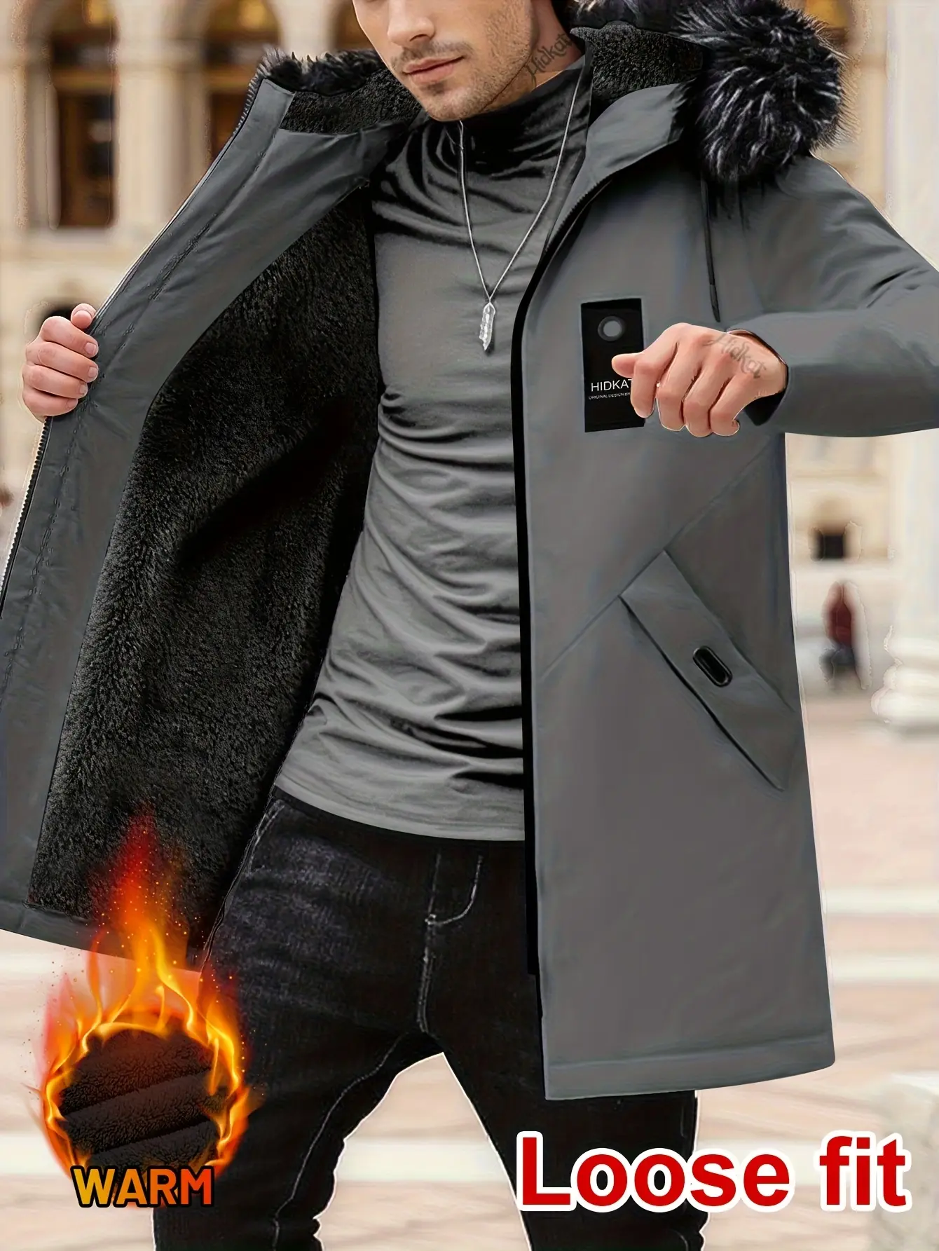 Men's Thick Long-Sleeve Cotton Jacket - Fleece Lining, Removable Fur Collar, Large Pockets, Stylish Versatile Menswear Tops for Outdoor, Everyday Casual Wear