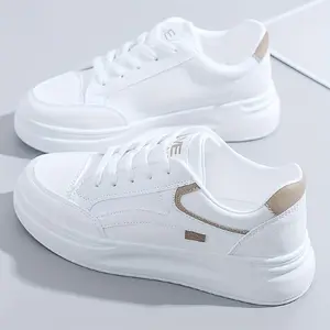 Girls' Casual White Sneakers with Thick Sole - Comfortable Lace-Up Sports Shoes, PU Material, Round Toe Design for All Seasons