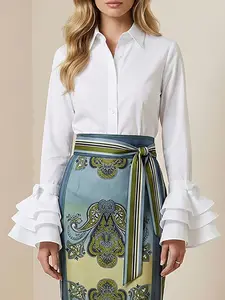 Flounce Long Sleeve Bowknot Decoration Ruffle Pure Color Lapel Shirt Top Fitted, Elegant Chic Ruffled Women's Blouse for Casual & Formal Wear Casual Business Top Womenswear Lady