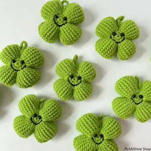 Handmade Crochet Four Leaf Clover Pendant Lucky Grass Smiley Doll Keychain Bag Accessory For Daily Decoration Casual Wear And Blessing Gift