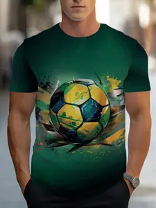 Men's Football Pattern Fitted T-Shirt, Fresh Short Sleeve Top with Geometric Print, Breathable Summer Fabric, Sports & Casual Wear