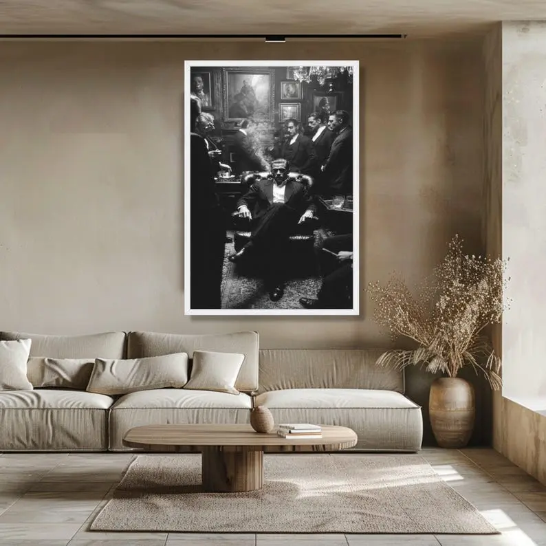 Vintage Mafia Boss Scene, Noir Style Poster, Black and White Wall Art, Retro Men’s Club Decoration ( Unframed - Print Only )